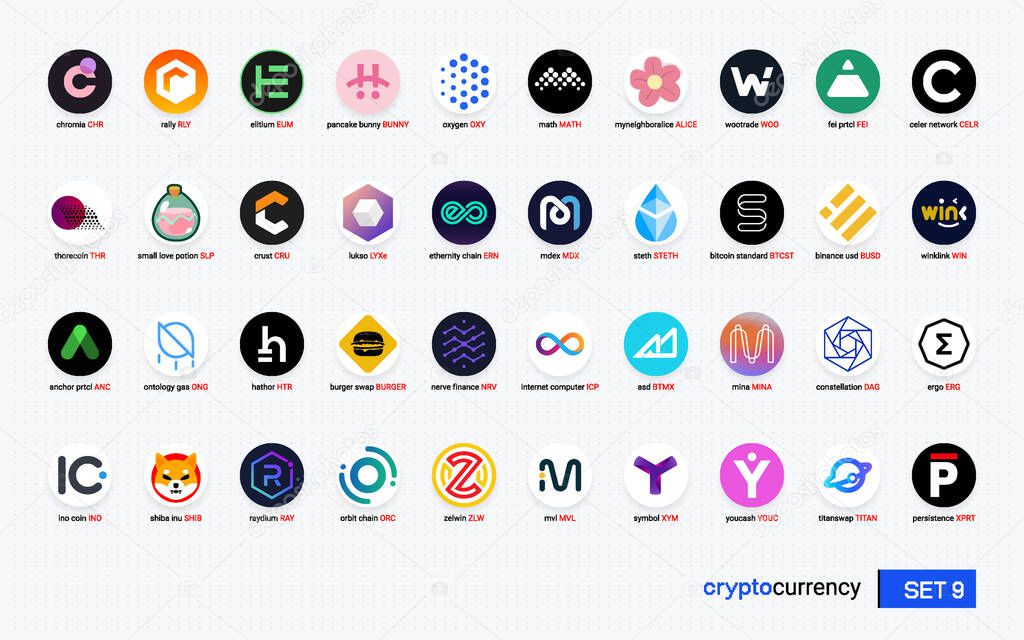 Crypto currency coins digital payment system blockchain concept. Cryptocurrency logo set collection isolated on white background. Vector illustration