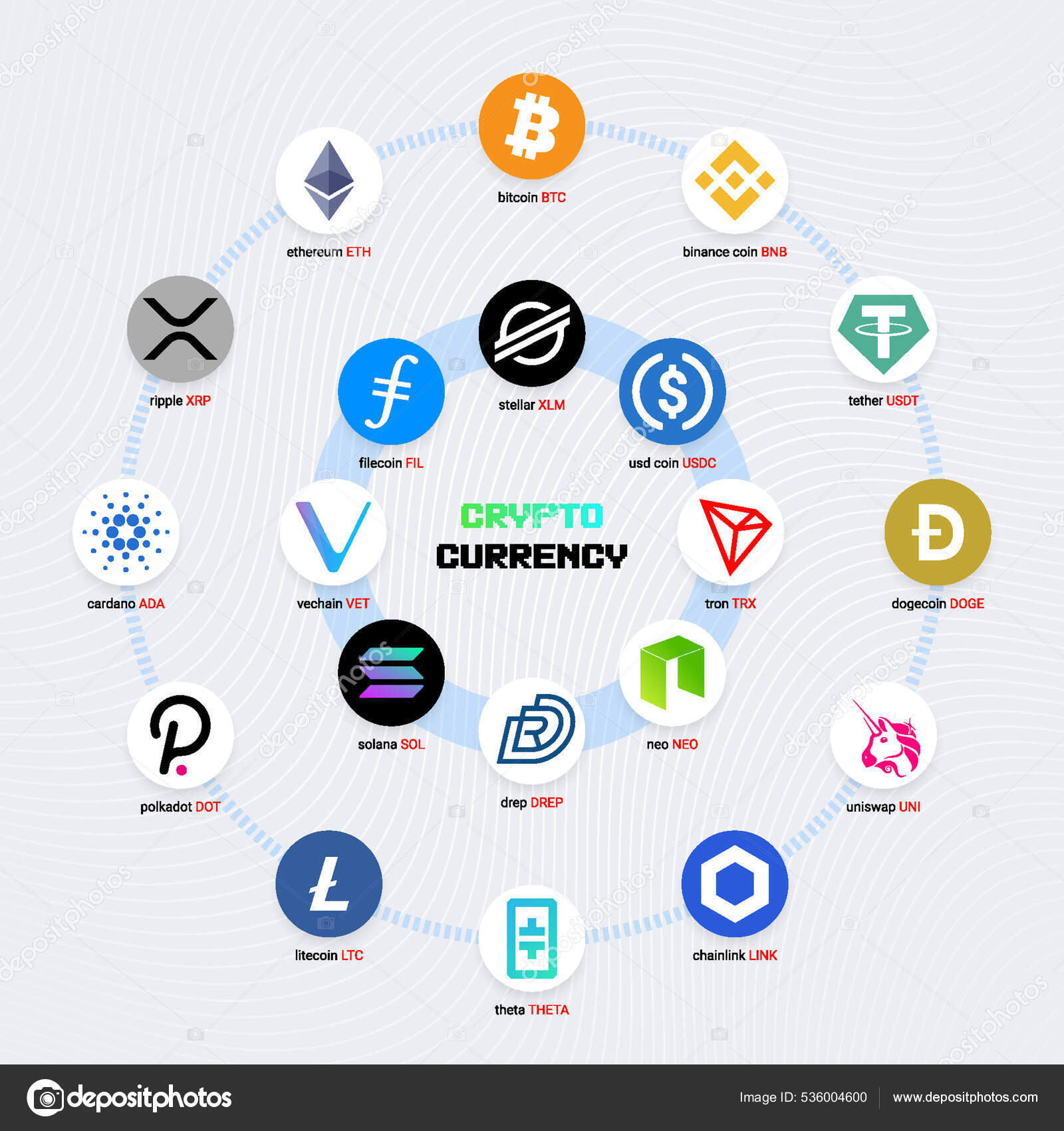 暗号通貨コインデジタル決済システムブロックチェーンの概念 暗号通貨ロゴは白い背景に隔離されたコレクションを設定します ベクターイラスト  ストックベクター ©karnoff 536004600