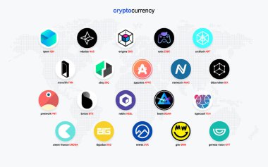 Şifreli para sikkeleri dijital ödeme sistemi engelleme konsepti. Kripto para birimi logosu koleksiyonu beyaz arka planda izole edildi. Vektör illüstrasyonu