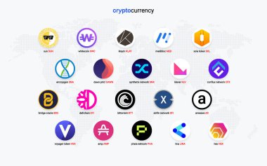 Şifreli para sikkeleri dijital ödeme sistemi engelleme konsepti. Kripto para birimi logosu koleksiyonu beyaz arka planda izole edildi. Vektör illüstrasyonu