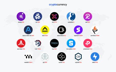 Şifreli para sikkeleri dijital ödeme sistemi engelleme konsepti. Kripto para birimi logosu koleksiyonu beyaz arka planda izole edildi. Vektör illüstrasyonu