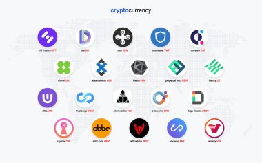 Şifreli para sikkeleri dijital ödeme sistemi engelleme konsepti. Kripto para birimi logosu koleksiyonu beyaz arka planda izole edildi. Vektör illüstrasyonu