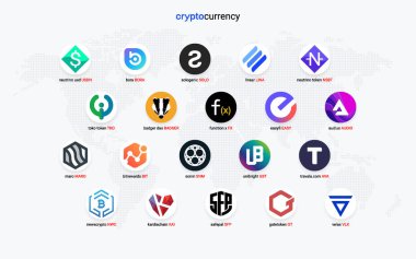 Şifreli para sikkeleri dijital ödeme sistemi engelleme konsepti. Kripto para birimi logosu koleksiyonu beyaz arka planda izole edildi. Vektör illüstrasyonu