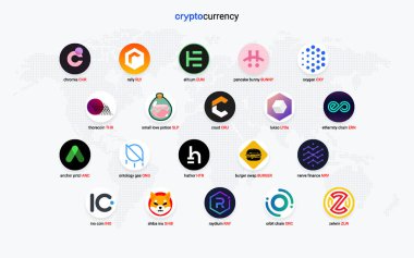 Şifreli para sikkeleri dijital ödeme sistemi engelleme konsepti. Kripto para birimi logosu koleksiyonu beyaz arka planda izole edildi. Vektör illüstrasyonu