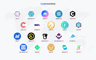 Şifreli para sikkeleri dijital ödeme sistemi engelleme konsepti. Kripto para birimi logosu koleksiyonu beyaz arka planda izole edildi. Vektör illüstrasyonu