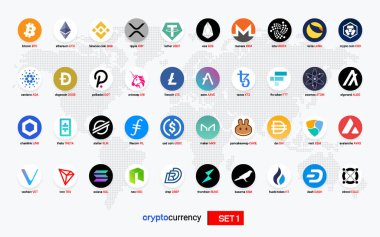 Şifreli para sikkeleri dijital ödeme sistemi engelleme konsepti. Kripto para birimi logosu koleksiyonu beyaz arka planda izole edildi. Vektör illüstrasyonu