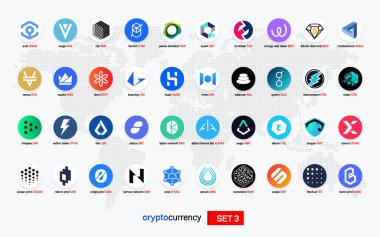 Şifreli para sikkeleri dijital ödeme sistemi engelleme konsepti. Kripto para birimi logosu koleksiyonu beyaz arka planda izole edildi. Vektör illüstrasyonu
