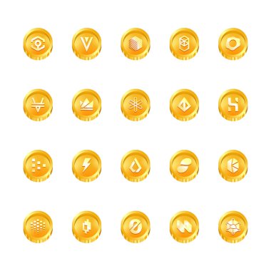 Şifreli para sikkeleri dijital ödeme sistemi engelleme konsepti. Kripto para birimi logosu koleksiyonu beyaz arka planda izole edildi. Vektör illüstrasyonu