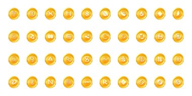 Şifreli para sikkeleri dijital ödeme sistemi engelleme konsepti. Kripto para birimi logosu koleksiyonu beyaz arka planda izole edildi. Vektör illüstrasyonu