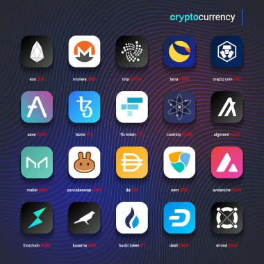 Şifreli para sikkeleri dijital ödeme sistemi engelleme konsepti. Kripto para birimi logosu koleksiyonu beyaz arka planda izole edildi. Vektör illüstrasyonu