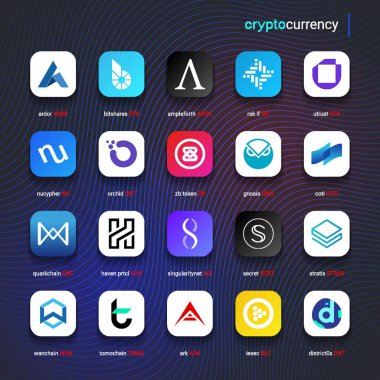 Şifreli para sikkeleri dijital ödeme sistemi engelleme konsepti. Kripto para birimi logosu koleksiyonu beyaz arka planda izole edildi. Vektör illüstrasyonu