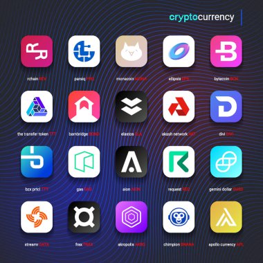 Şifreli para sikkeleri dijital ödeme sistemi engelleme konsepti. Kripto para birimi logosu koleksiyonu beyaz arka planda izole edildi. Vektör illüstrasyonu