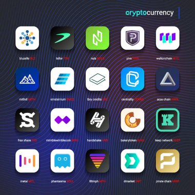 Şifreli para sikkeleri dijital ödeme sistemi engelleme konsepti. Kripto para birimi logosu koleksiyonu beyaz arka planda izole edildi. Vektör illüstrasyonu