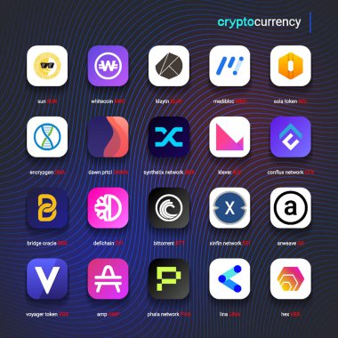 Şifreli para sikkeleri dijital ödeme sistemi engelleme konsepti. Kripto para birimi logosu koleksiyonu beyaz arka planda izole edildi. Vektör illüstrasyonu