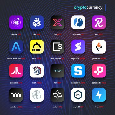Şifreli para sikkeleri dijital ödeme sistemi engelleme konsepti. Kripto para birimi logosu koleksiyonu beyaz arka planda izole edildi. Vektör illüstrasyonu