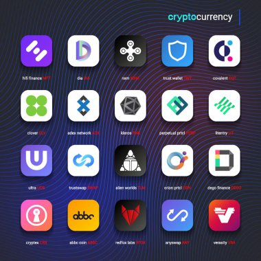 Şifreli para sikkeleri dijital ödeme sistemi engelleme konsepti. Kripto para birimi logosu koleksiyonu beyaz arka planda izole edildi. Vektör illüstrasyonu