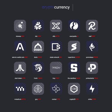 Şifreli para sikkeleri dijital ödeme sistemi engelleme konsepti. Kripto para birimi logosu koleksiyonu beyaz arka planda izole edildi. Vektör illüstrasyonu