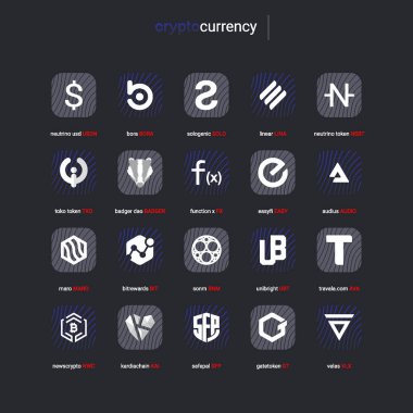Şifreli para sikkeleri dijital ödeme sistemi engelleme konsepti. Kripto para birimi logosu koleksiyonu beyaz arka planda izole edildi. Vektör illüstrasyonu