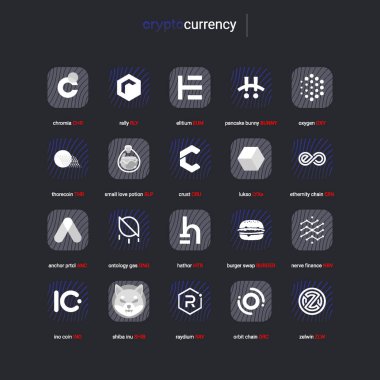 Şifreli para sikkeleri dijital ödeme sistemi engelleme konsepti. Kripto para birimi logosu koleksiyonu beyaz arka planda izole edildi. Vektör illüstrasyonu