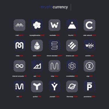 Şifreli para sikkeleri dijital ödeme sistemi engelleme konsepti. Kripto para birimi logosu koleksiyonu beyaz arka planda izole edildi. Vektör illüstrasyonu