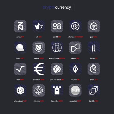Şifreli para sikkeleri dijital ödeme sistemi engelleme konsepti. Kripto para birimi logosu koleksiyonu beyaz arka planda izole edildi. Vektör illüstrasyonu