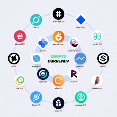 Şifreli para sikkeleri dijital ödeme sistemi engelleme konsepti. Kripto para birimi logosu koleksiyonu beyaz arka planda izole edildi. Vektör illüstrasyonu