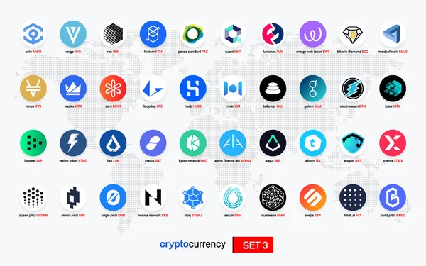 Şifreli para sikkeleri dijital ödeme sistemi engelleme konsepti. Kripto para birimi logosu koleksiyonu beyaz arka planda izole edildi. Vektör illüstrasyonu