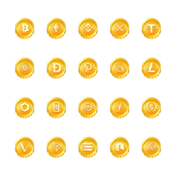 Şifreli para sikkeleri dijital ödeme sistemi engelleme konsepti. Kripto para birimi logosu koleksiyonu beyaz arka planda izole edildi. Vektör illüstrasyonu