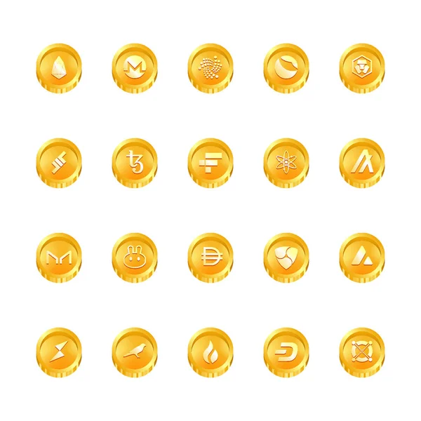 Şifreli para sikkeleri dijital ödeme sistemi engelleme konsepti. Kripto para birimi logosu koleksiyonu beyaz arka planda izole edildi. Vektör illüstrasyonu