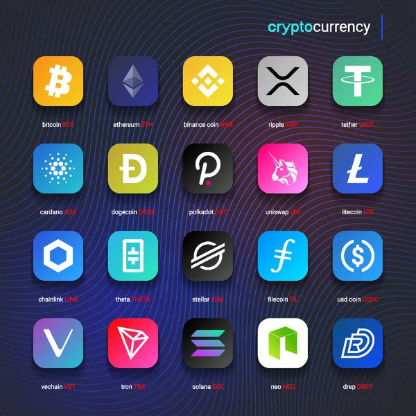 Şifreli para sikkeleri dijital ödeme sistemi engelleme konsepti. Kripto para birimi logosu koleksiyonu beyaz arka planda izole edildi. Vektör illüstrasyonu