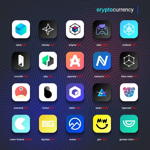 Şifreli para sikkeleri dijital ödeme sistemi engelleme konsepti. Kripto para birimi logosu koleksiyonu beyaz arka planda izole edildi. Vektör illüstrasyonu