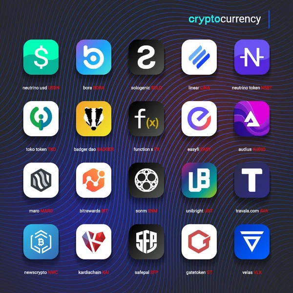 Şifreli para sikkeleri dijital ödeme sistemi engelleme konsepti. Kripto para birimi logosu koleksiyonu beyaz arka planda izole edildi. Vektör illüstrasyonu