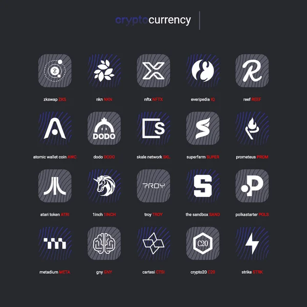 Şifreli para sikkeleri dijital ödeme sistemi engelleme konsepti. Kripto para birimi logosu koleksiyonu beyaz arka planda izole edildi. Vektör illüstrasyonu