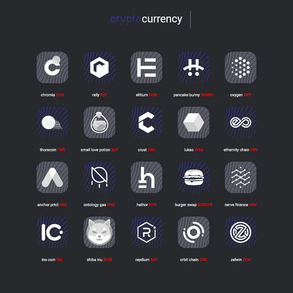 Şifreli para sikkeleri dijital ödeme sistemi engelleme konsepti. Kripto para birimi logosu koleksiyonu beyaz arka planda izole edildi. Vektör illüstrasyonu
