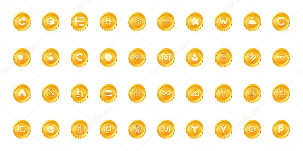 Crypto currency coins digital payment system blockchain concept. Cryptocurrency logo set collection isolated on white background. Vector illustration