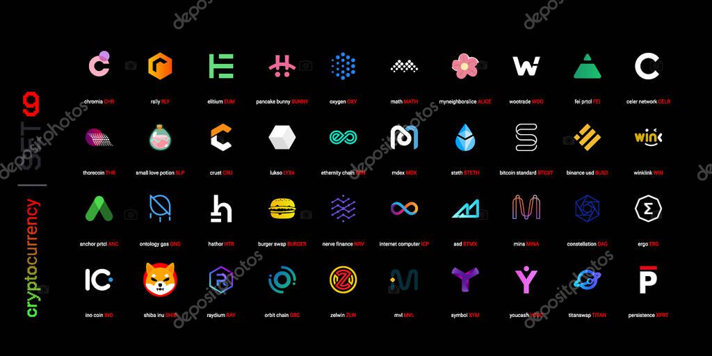 Crypto currency coins digital payment system blockchain concept. Cryptocurrency logo set collection isolated on white background. Vector illustration