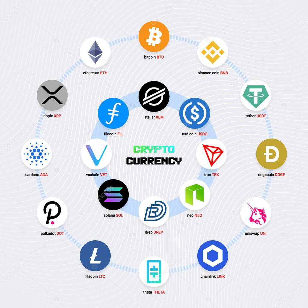 Crypto currency coins digital payment system blockchain concept. Cryptocurrency logo set collection isolated on white background. Vector illustration