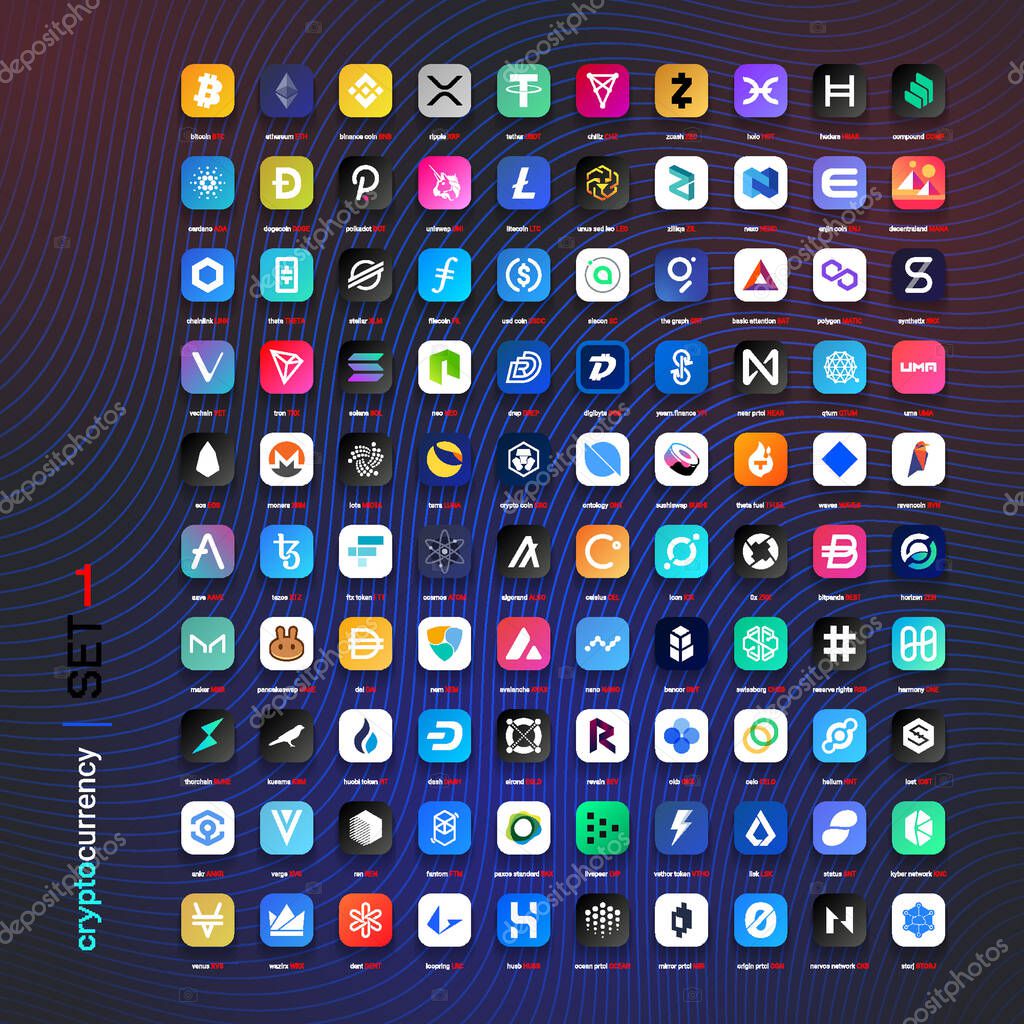 Crypto currency coins digital payment system blockchain concept. Cryptocurrency logo set collection vector illustration