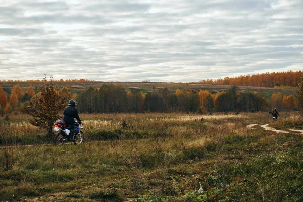 Autumn Motorcycle Rides Rough Terrain Motorcycles Autumn Landscape Horizon Fields Stock Picture