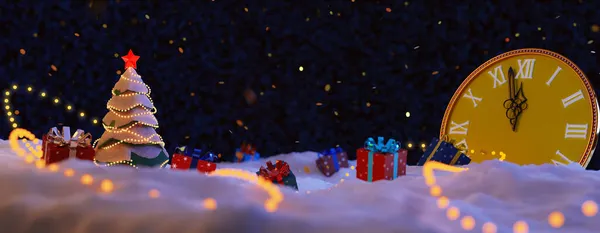 Egy Szilveszteri Kompozíció Egy Elegáns Karácsonyfa Piros Csillaggal Koszorúkkal Áll — Stock Fotó