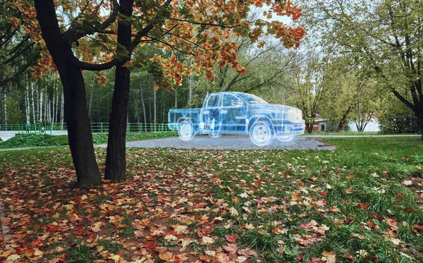 緑の芝生と乾燥した葉を持つ秋の公園 駐車場は認識できない車をホログラムの形で描写しています 屋外レクリエーションの概念 — ストック写真