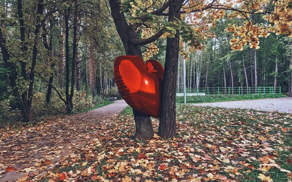 Autumn Two Trees Stuck Red Balloon Shape Heart Lot Dry — Stockfoto