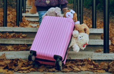 Yumuşak oyuncaklarla doldurulmuş tekerlekli pembe bir bavul beton merdivenlere tırmanıyor. Seyahat, yürümek için kişisel eşyalar..