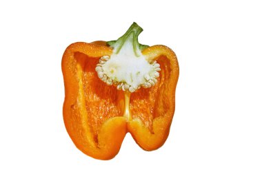 Beyaz izole edilmiş arka planda turuncu biber yakın plan. Sebze acı biber, tatlı biber, çeşit çeşit biber..