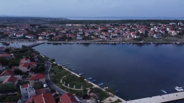 Flight Beautiful Old Town Nin Croatia Colored Boats Sea Surface — Stock Video