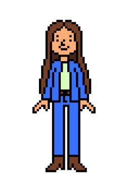 Mavi kot ceketli ve kot pantolonlu bir kız. Beyaz arka planda 8 parçalık bir sanat karakteri. Sıradan moda görünüşü. Eski moda antika 80 'ler, 90' lar 2D bilgisayar, video oyunu, slot makinesi grafikleri.