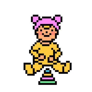 Pikselci çocuk pembe bereli, kulaklı, yerde oturan ve oyuncak piramitlerle oynayan sarı sürüngenli beyaz arka planda 8 bit karakterli. Retro 2d oyun, slot makinesi grafikleri