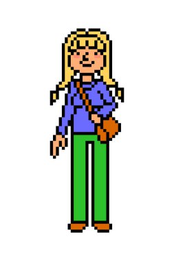 Çapraz ceset torbasıyla mutlu öğrenci kız, beyaz arka planda izole edilmiş 8 bit piksel resim karakteri. Sıradan moda görünüşü. Eski moda antika 80 'ler, 90' lar 2D bilgisayar, video oyunu, slot makinesi grafikleri.