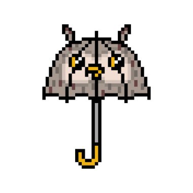 Beyaz arka planda izole edilmiş pikselli çocuk baykuş şekilli şemsiye simgesi. Komik hayvan çocuk şemsiyesi. Yağmurlu hava aksesuarı. Klasik 80 'ler, 90' lar 2d bilgisayar, video oyunu, slot makinesi grafikleri.