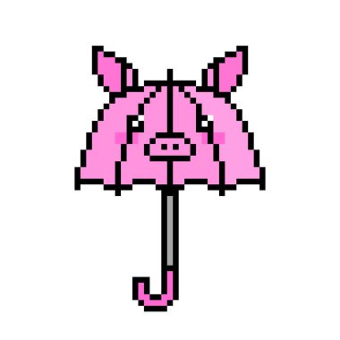 Beyaz arka planda izole edilmiş pikselli çocukların domuz şekilli şemsiye ikonu. Komik hayvan çocuk şemsiyesi. Yağmurlu hava aksesuarı. Klasik 80 'ler, 90' lar 2d bilgisayar, video oyunu, slot makinesi grafikleri.